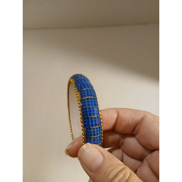 Blue Mosaic Bangle Bracelet Boho Gold Tone Glittery Textured 8 Inch - Picture 6 of 7
